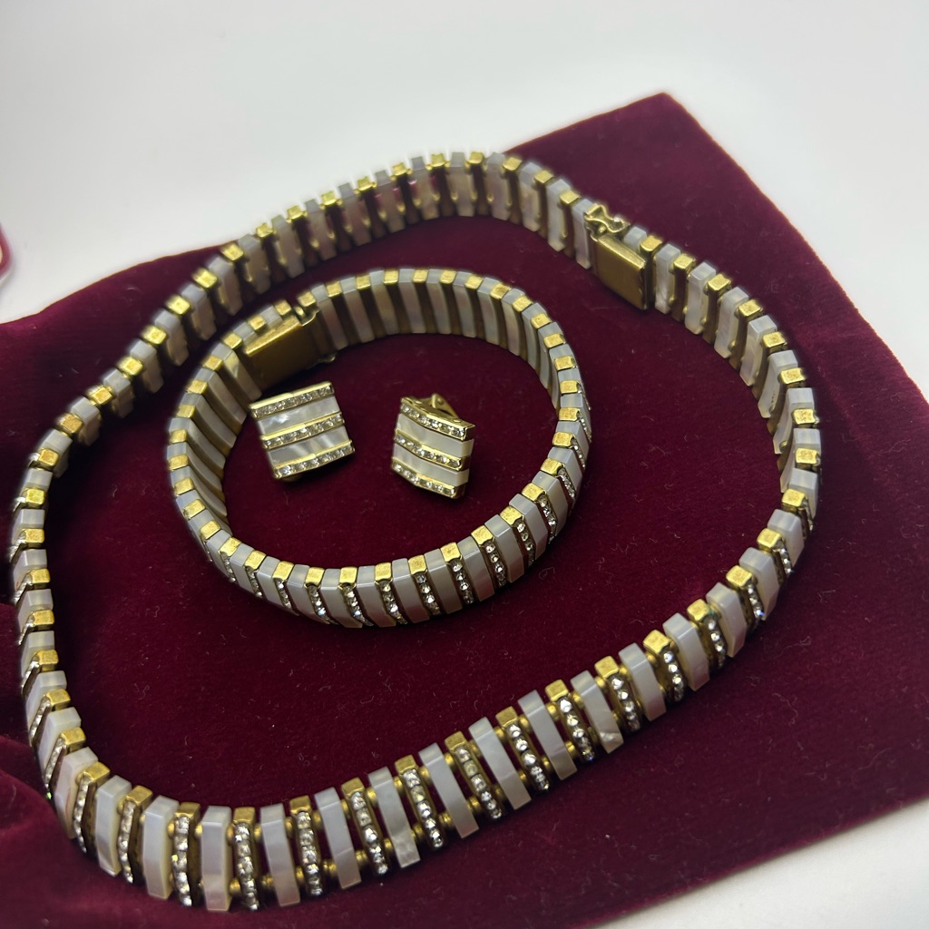 Vintage West Germany Necklace Bracelet And Earrings Set-Mother Of Pearl Parure